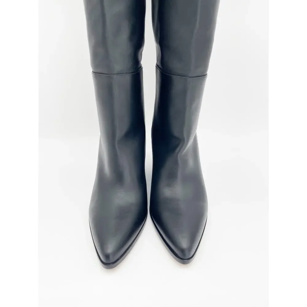 Jimmy Choo Cece 80 Black Pointed Toe Western OTK Block Heeled Boots IT 38.5